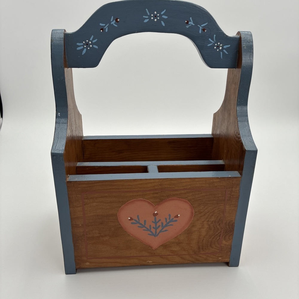Vtg Hand Painted Wooden Caddy Folk Art Heart Duck Country craft Organizer Blue - Picture 2 of 15
